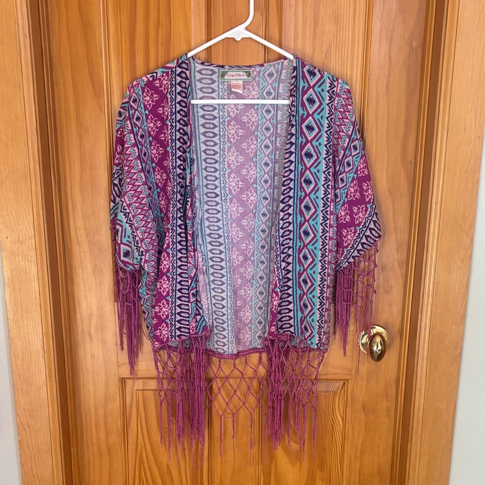 Flying Tomato Purple and Blue Patterned Fringe Kimono